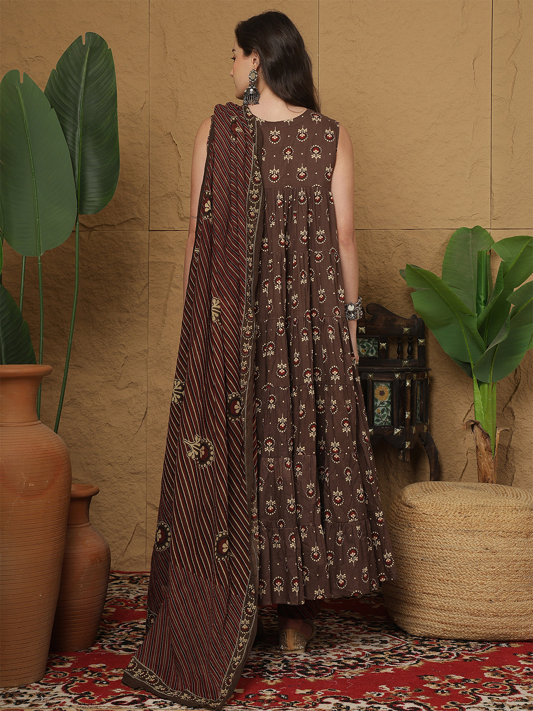Cotton Ankle Length Printed  Round Neck Full Flared Kurta Bottom With Dupatta