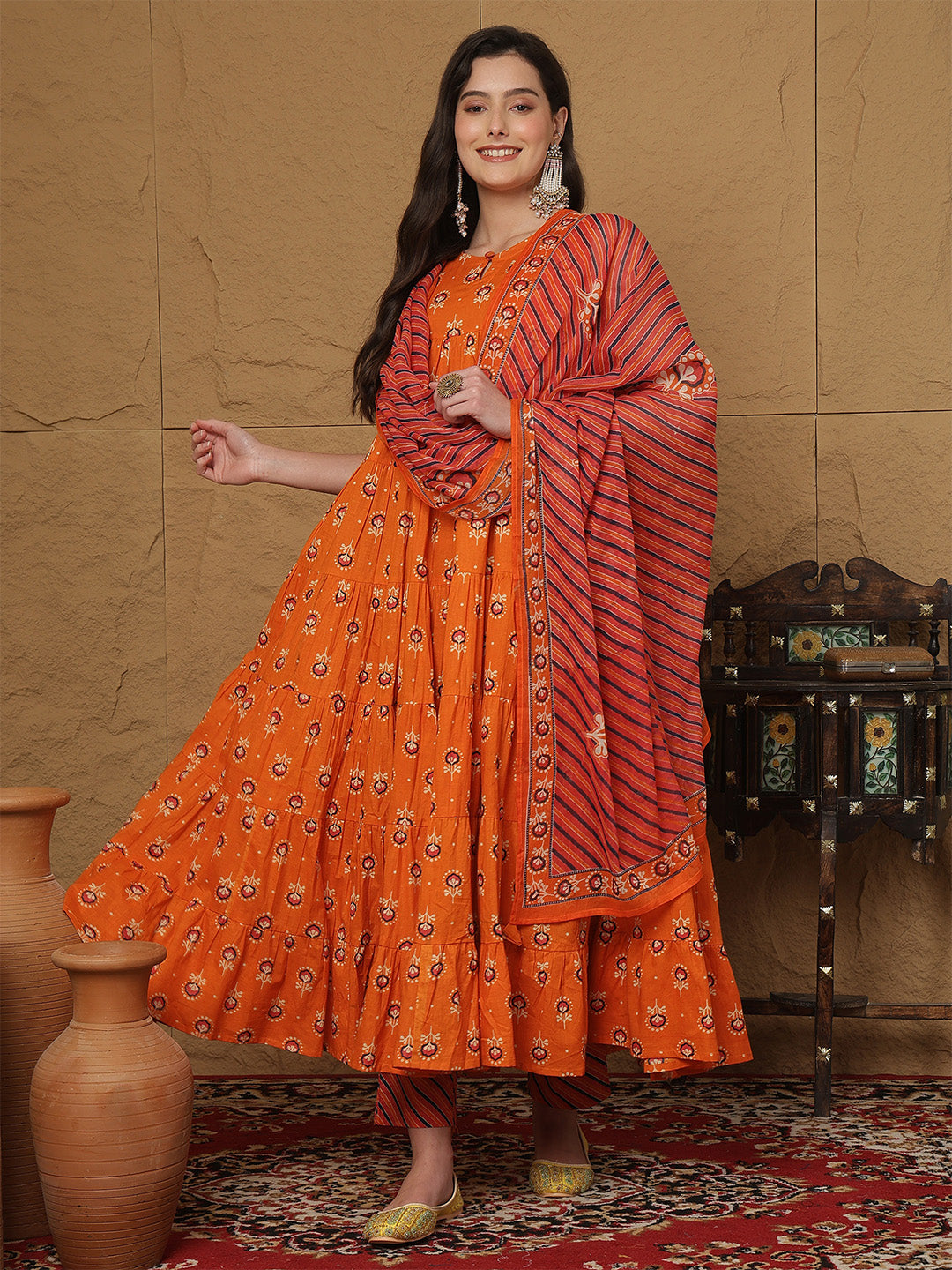 Cotton Ankle Length Printed  Round Neck Full Flared Kurta Bottom With Dupatta