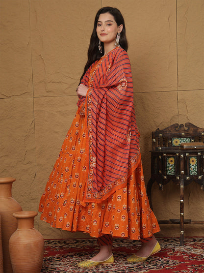 Cotton Ankle Length Printed  Round Neck Full Flared Kurta Bottom With Dupatta