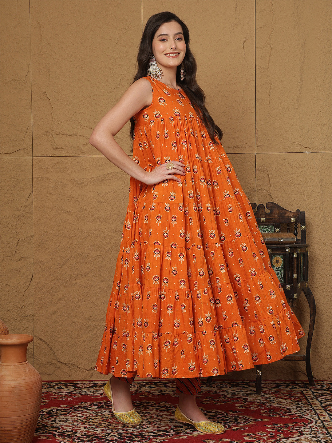 Cotton Ankle Length Printed  Round Neck Full Flared Kurta Bottom With Dupatta
