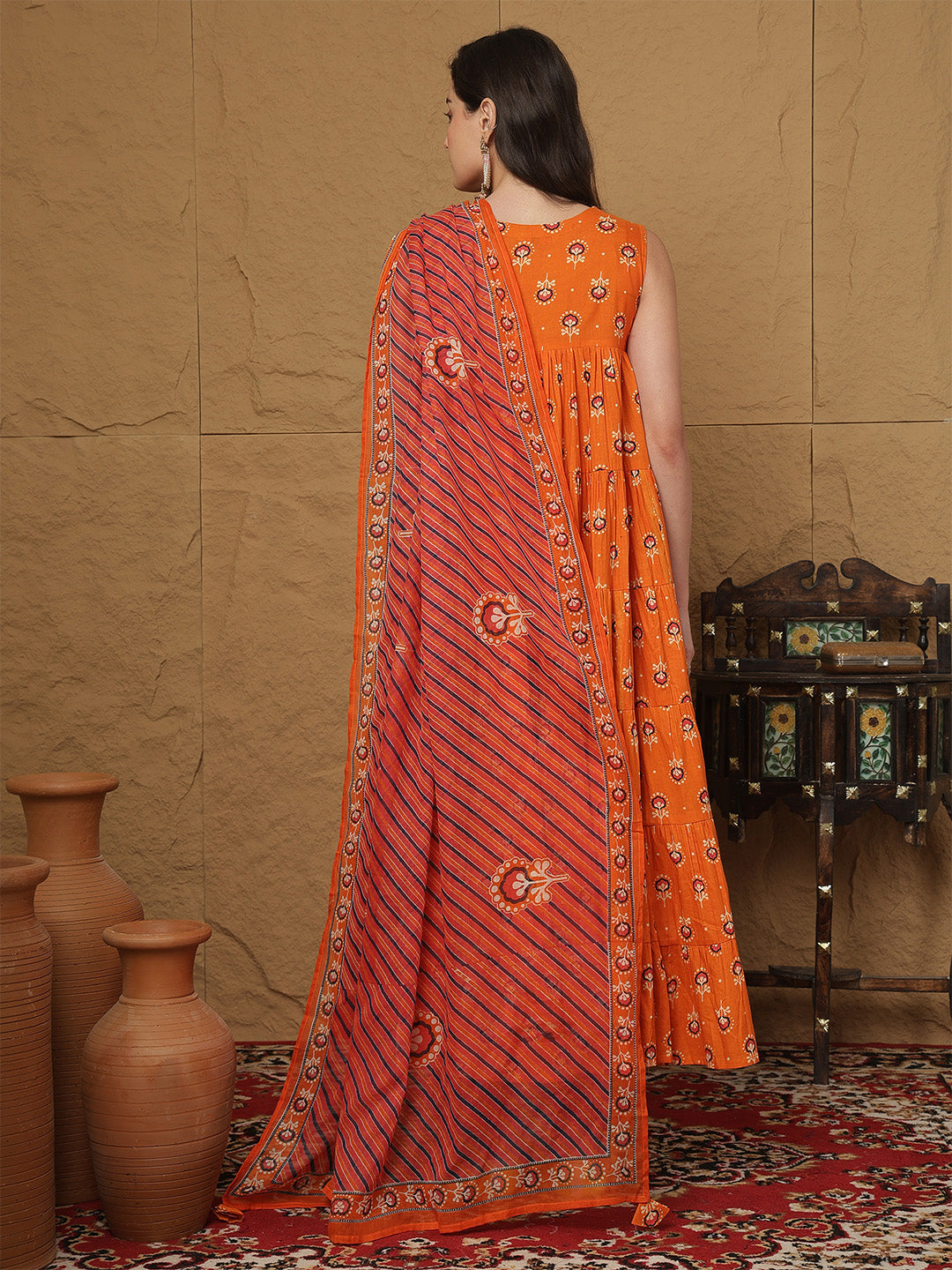 Cotton Ankle Length Printed  Round Neck Full Flared Kurta Bottom With Dupatta