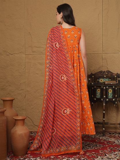 Cotton Ankle Length Printed  Round Neck Full Flared Kurta Bottom With Dupatta