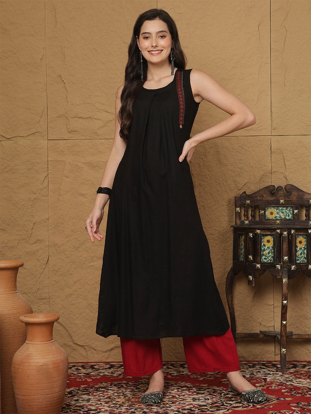 Rayon Calf Length Solid  Round Neck A-Line Kurta
