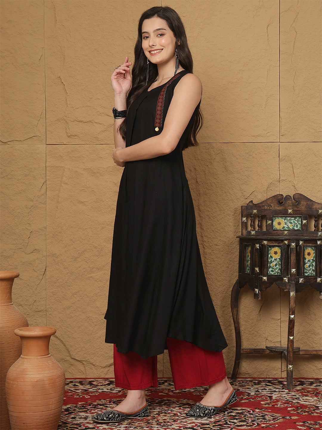 Rayon Calf Length Solid  Round Neck A-Line Kurta