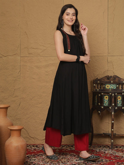 Rayon Calf Length Solid  Round Neck A-Line Kurta