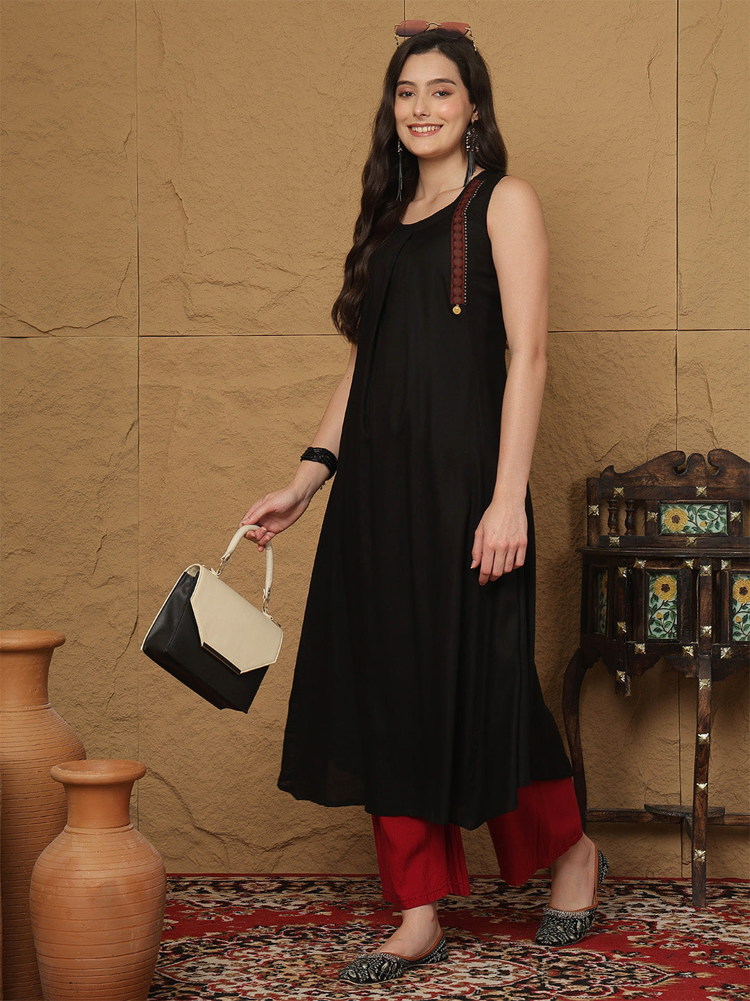 Rayon Calf Length Solid  Round Neck A-Line Kurta