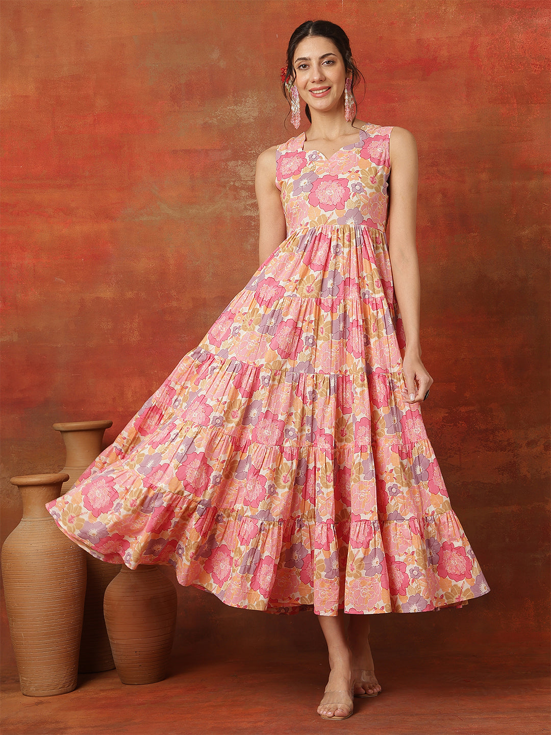 Cotton Calf Length Solid  Sweetheart Neck Flared Kurta