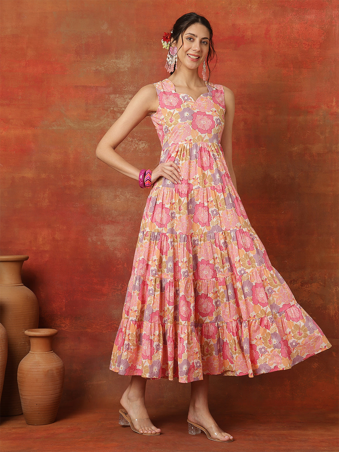 Cotton Calf Length Solid  Sweetheart Neck Flared Kurta