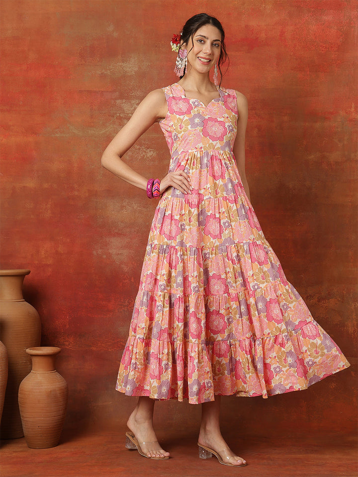 Cotton Calf Length Solid  Sweetheart Neck Flared Kurta