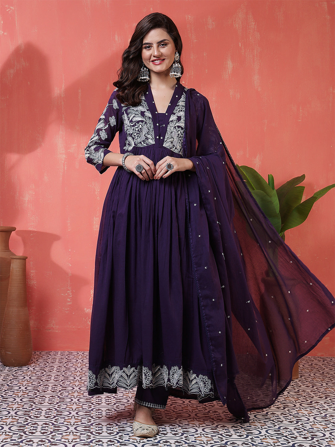 Cotton Calf Length Solid 3/4 Sleeves V-Neck Anarkali Kurta Suit Set