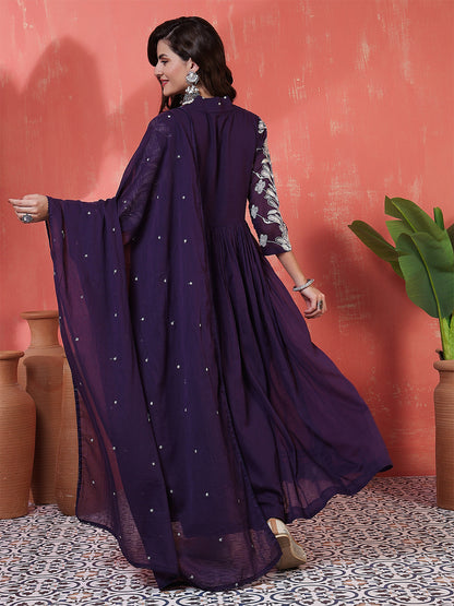 Cotton Calf Length Solid 3/4 Sleeves V-Neck Anarkali Kurta Suit Set