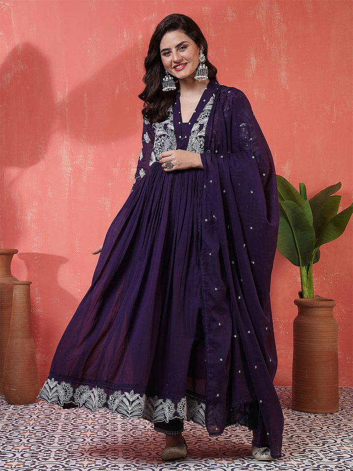 Cotton Calf Length Solid 3/4 Sleeves V-Neck Anarkali Kurta Suit Set