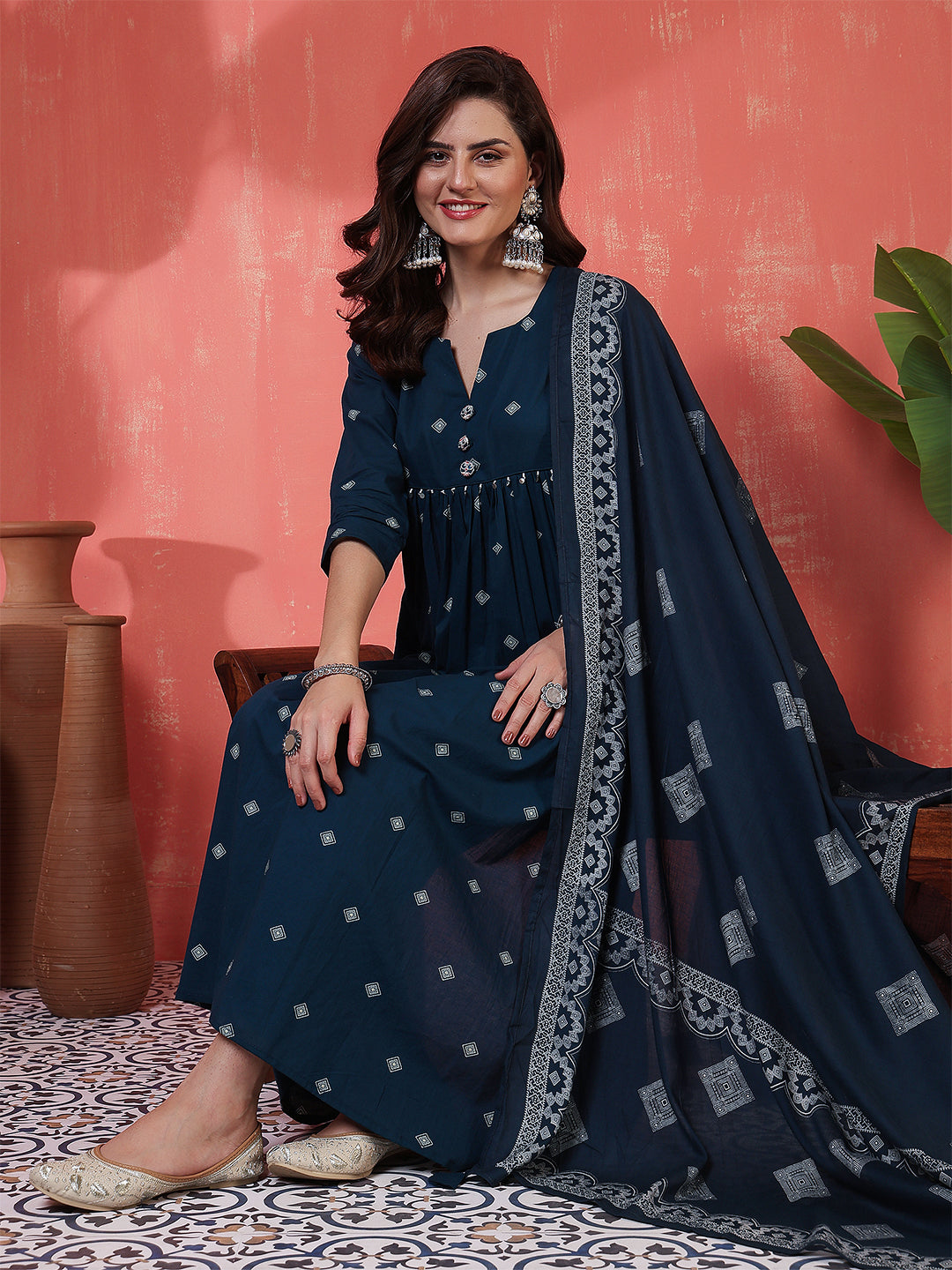 Rayon Calf Length Printed 3/4 Sleeves Round Neck Semi-Flared Kurta Suit Set