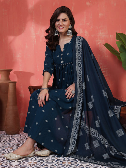 Rayon Calf Length Printed 3/4 Sleeves Round Neck Semi-Flared Kurta Suit Set