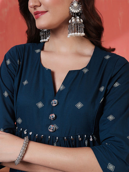 Rayon Calf Length Printed 3/4 Sleeves Round Neck Semi-Flared Kurta Suit Set