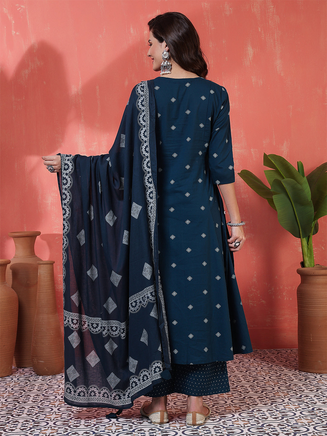 Rayon Calf Length Printed 3/4 Sleeves Round Neck Semi-Flared Kurta Suit Set