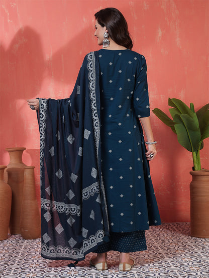 Rayon Calf Length Printed 3/4 Sleeves Round Neck Semi-Flared Kurta Suit Set