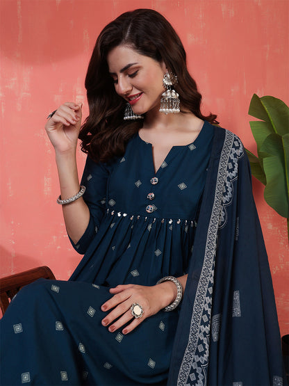 Rayon Calf Length Printed 3/4 Sleeves Round Neck Semi-Flared Kurta Suit Set