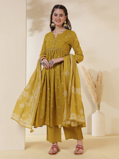 Rayon Calf Length Printed 3/4 Sleeves Round Neck Semi-Flared Kurta Suit Set
