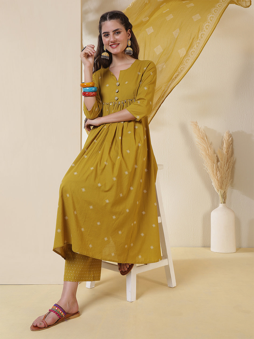 Rayon Calf Length Printed 3/4 Sleeves Round Neck Semi-Flared Kurta Suit Set