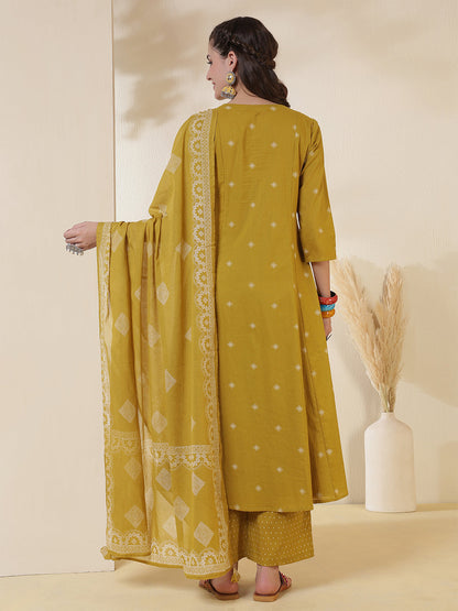 Rayon Calf Length Printed 3/4 Sleeves Round Neck Semi-Flared Kurta Suit Set