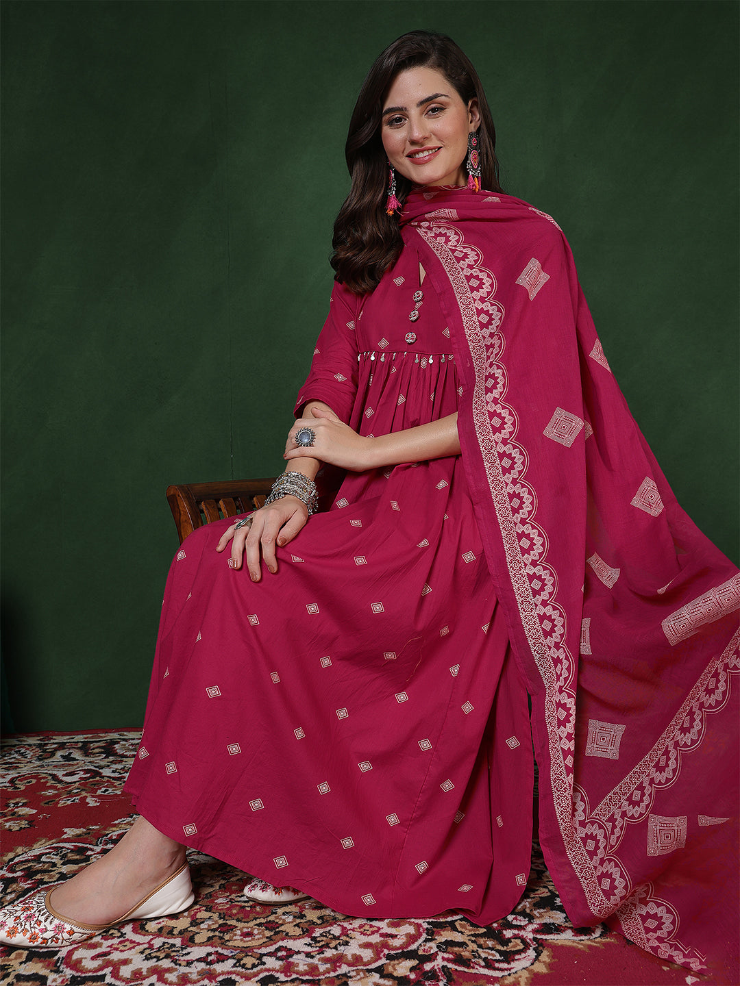 Rayon Calf Length Printed 3/4 Sleeves Round Neck Semi-Flared Kurta Suit Set