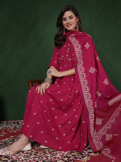 Rayon Calf Length Printed 3/4 Sleeves Round Neck Semi-Flared Kurta Suit Set