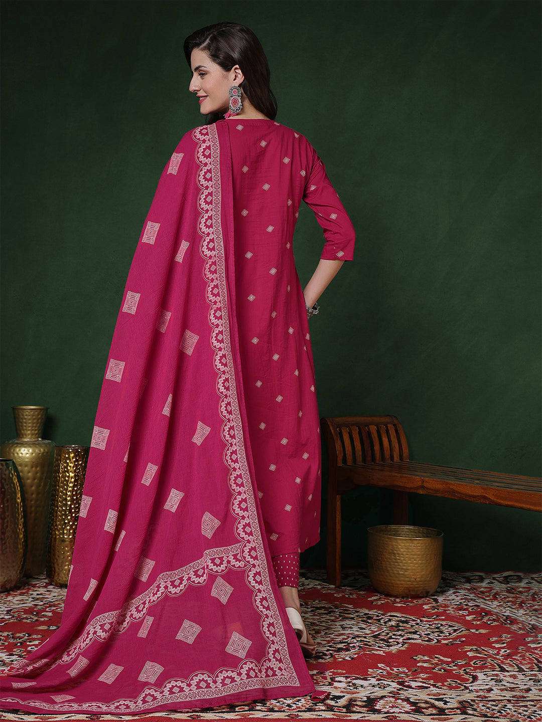 Rayon Calf Length Printed 3/4 Sleeves Round Neck Semi-Flared Kurta Suit Set