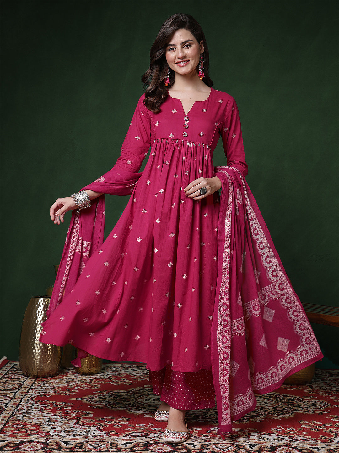 Rayon Calf Length Printed 3/4 Sleeves Round Neck Semi-Flared Kurta Suit Set