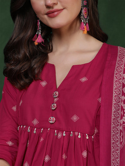 Rayon Calf Length Printed 3/4 Sleeves Round Neck Semi-Flared Kurta Suit Set