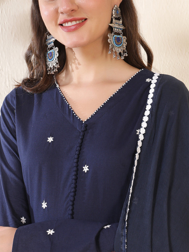 Cotton Ankle  Length Printed Full- Sleeves V-Neck Tiered Kurta Suit Set