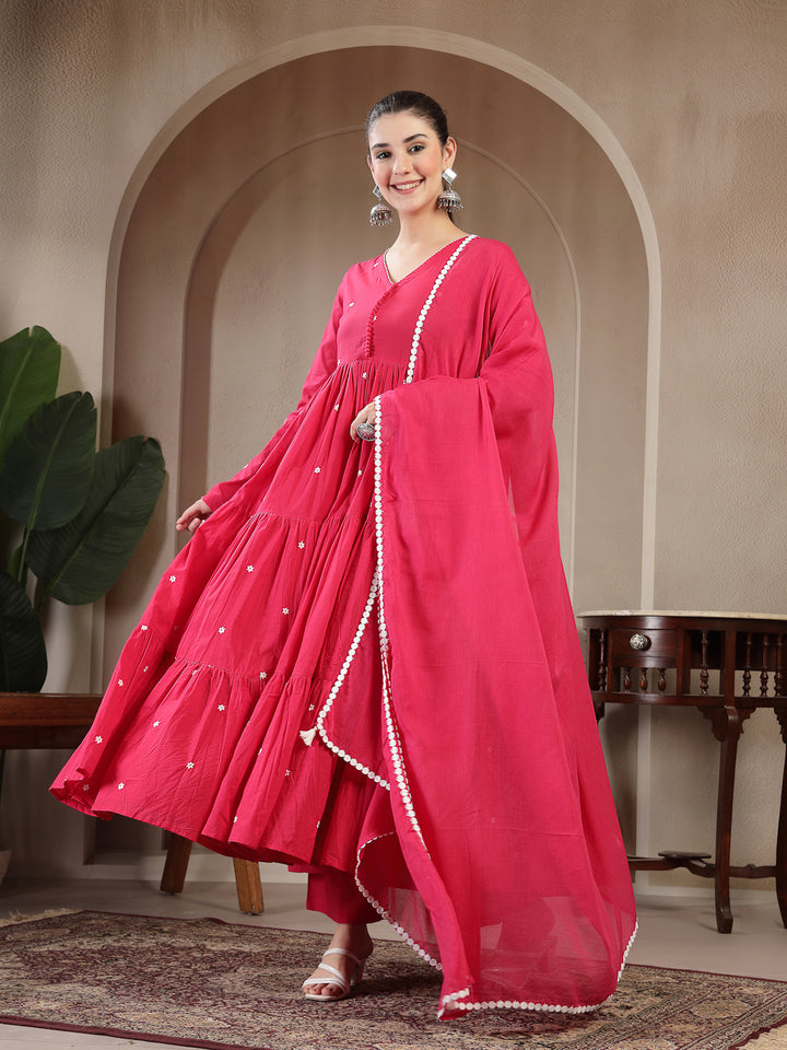 Cotton Calf Length Solid Full Sleeves V-Neck Anarkali Kurta Suit Set With Dupatta