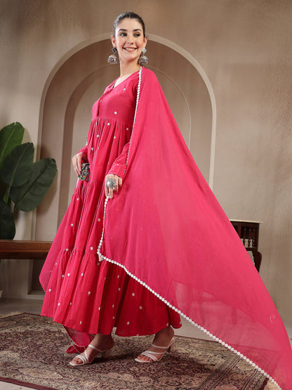 Cotton Calf Length Solid Full Sleeves V-Neck Anarkali Kurta Suit Set With Dupatta (Pre-Order)