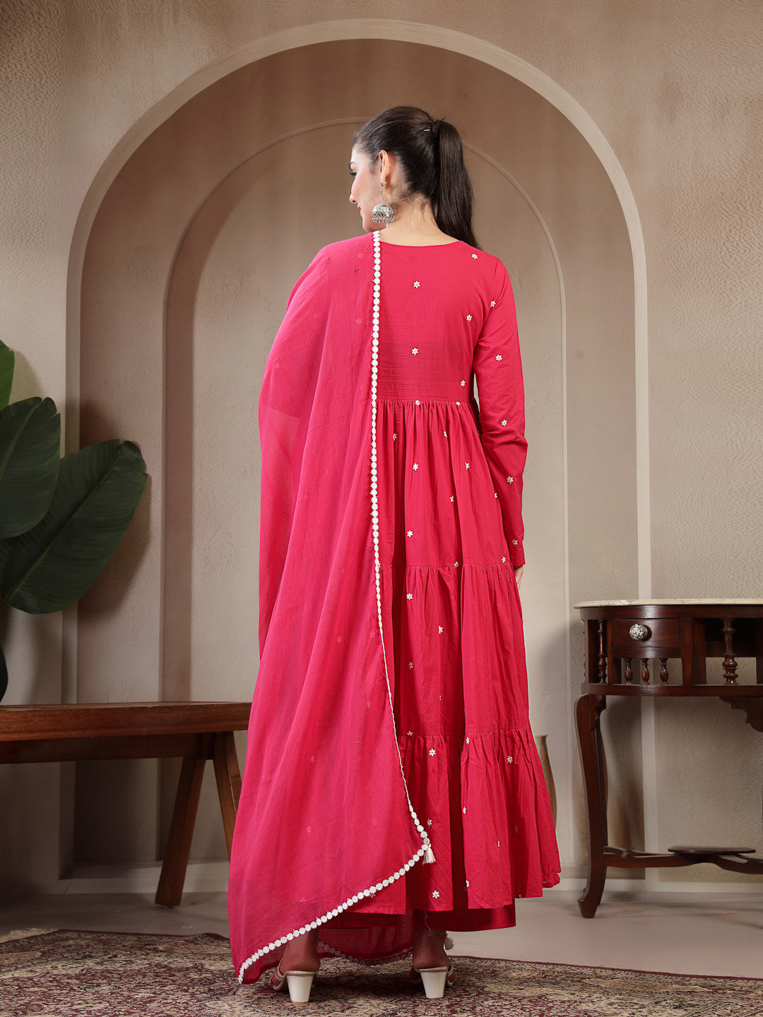 Cotton Calf Length Solid Full Sleeves V-Neck Anarkali Kurta Suit Set With Dupatta
