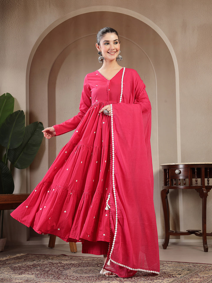 Cotton Calf Length Solid Full Sleeves V-Neck Anarkali Kurta Suit Set With Dupatta
