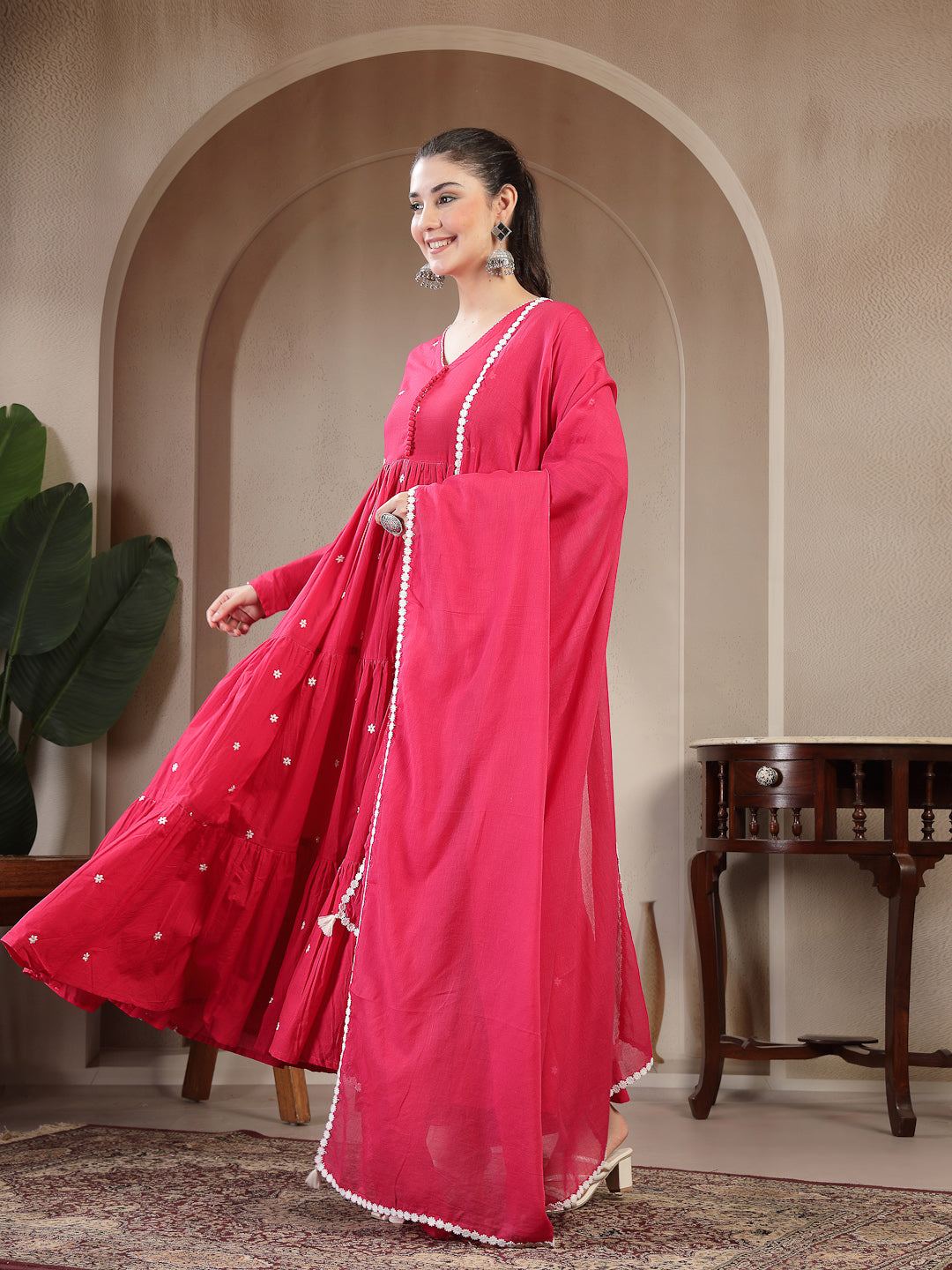 Cotton Calf Length Solid Full Sleeves V-Neck Anarkali Kurta Suit Set With Dupatta (Pre-Order)