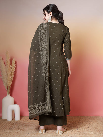 Cotton Calf Length Printed 3/4 Sleeves Round Neck Semi-Flared Kurta Suit Set