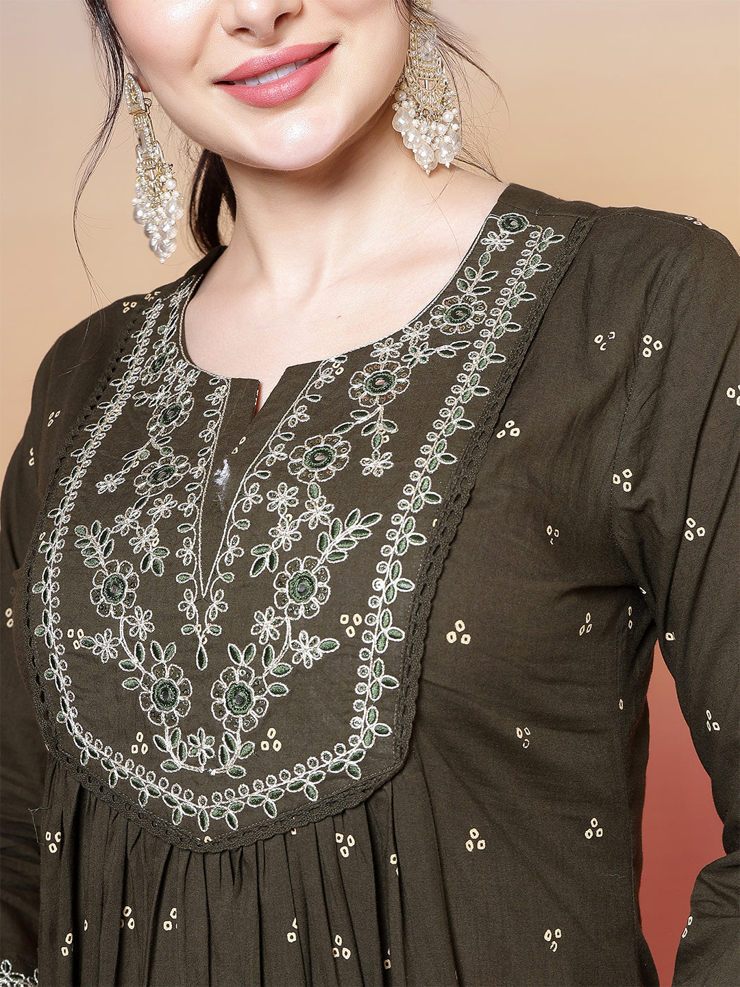 Cotton Calf Length Printed 3/4 Sleeves Round Neck Semi-Flared Kurta Suit Set