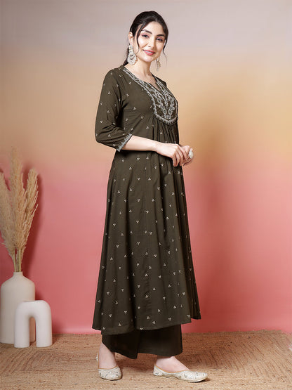 Cotton Calf Length Printed 3/4 Sleeves Round Neck Semi-Flared Kurta Suit Set