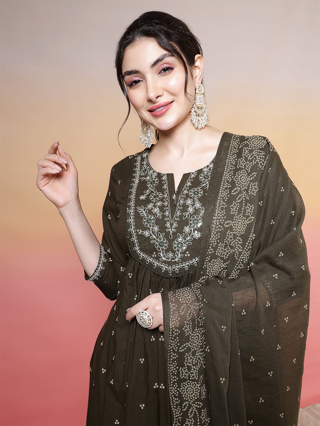Cotton Calf Length Printed 3/4 Sleeves Round Neck Semi-Flared Kurta Suit Set