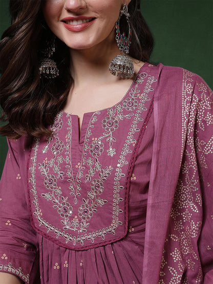 Cotton Calf Length Printed 3/4 Sleeves Round Neck Semi-Flared Kurta Suit Set