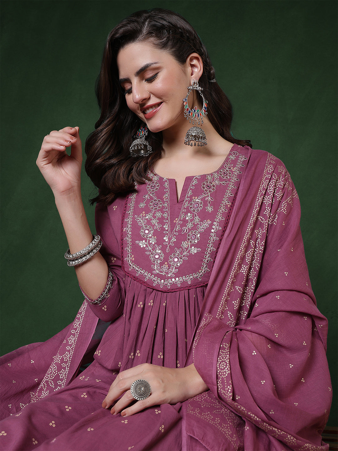 Cotton Calf Length Printed 3/4 Sleeves Round Neck Semi-Flared Kurta Suit Set