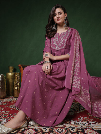Cotton Calf Length Printed 3/4 Sleeves Round Neck Semi-Flared Kurta Suit Set