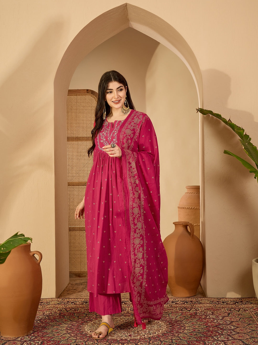 Cotton Calf Length Printed 3/4 Sleeve Round Neck Flared Kurta Suit Set