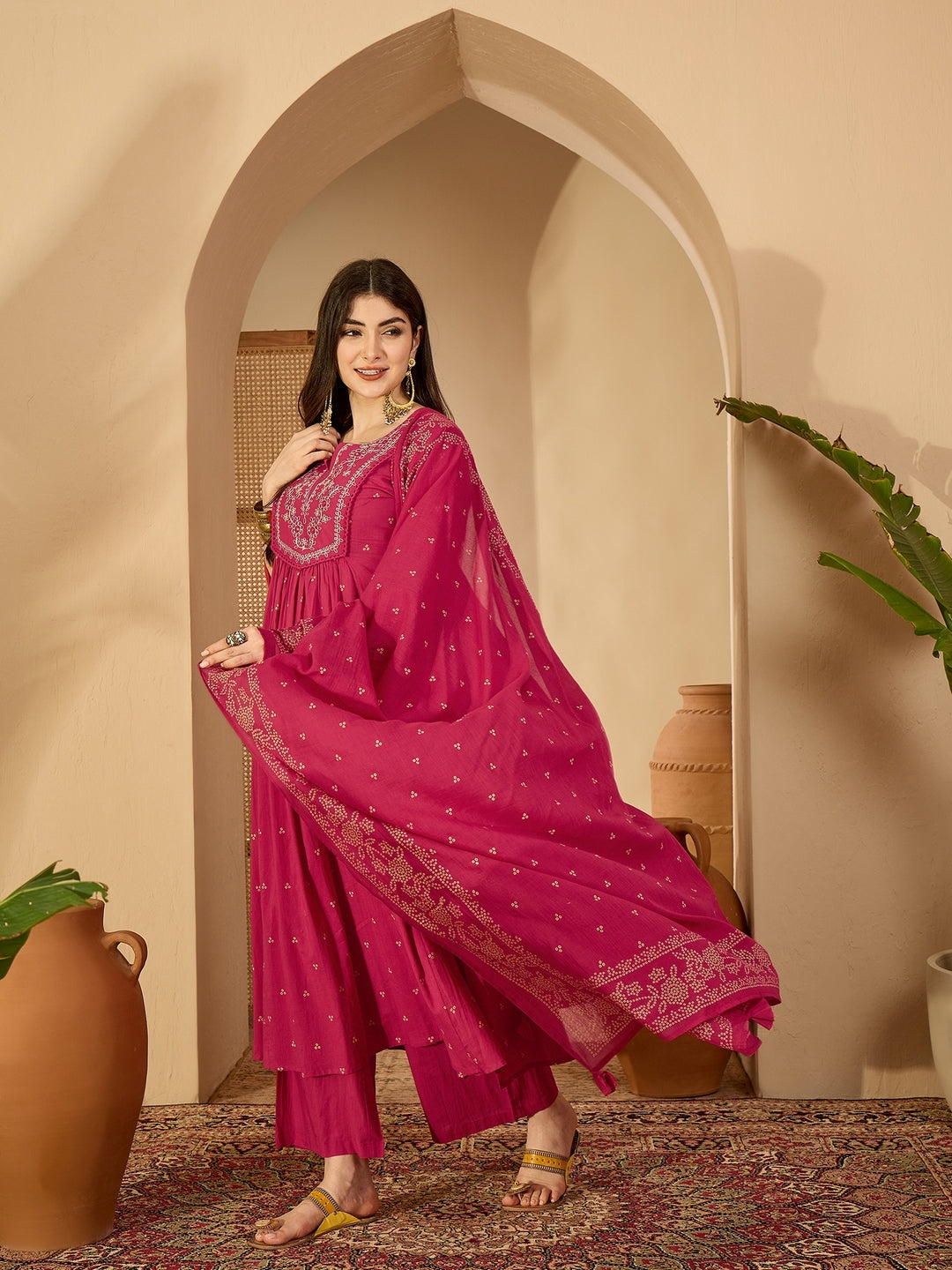 Cotton Calf Length Printed 3/4 Sleeve Round Neck Flared Kurta Suit Set