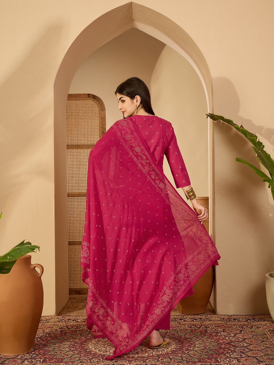 Cotton Calf Length Printed 3/4 Sleeve Round Neck Flared Kurta Suit Set