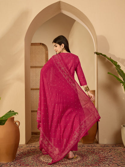 Cotton Calf Length Printed 3/4 Sleeve Round Neck Flared Kurta Suit Set