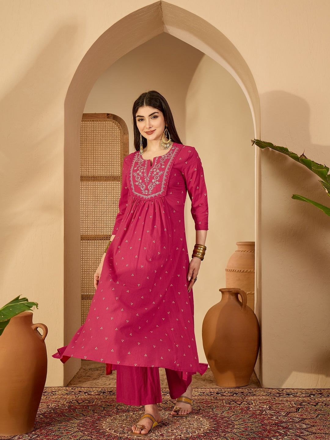 Cotton Calf Length Printed 3/4 Sleeve Round Neck Flared Kurta Suit Set