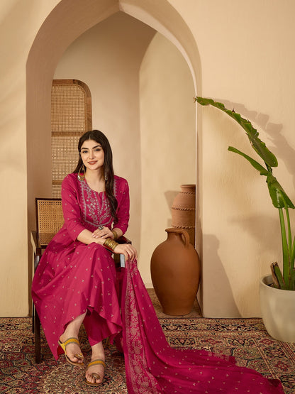 Cotton Calf Length Printed 3/4 Sleeve Round Neck Flared Kurta Suit Set