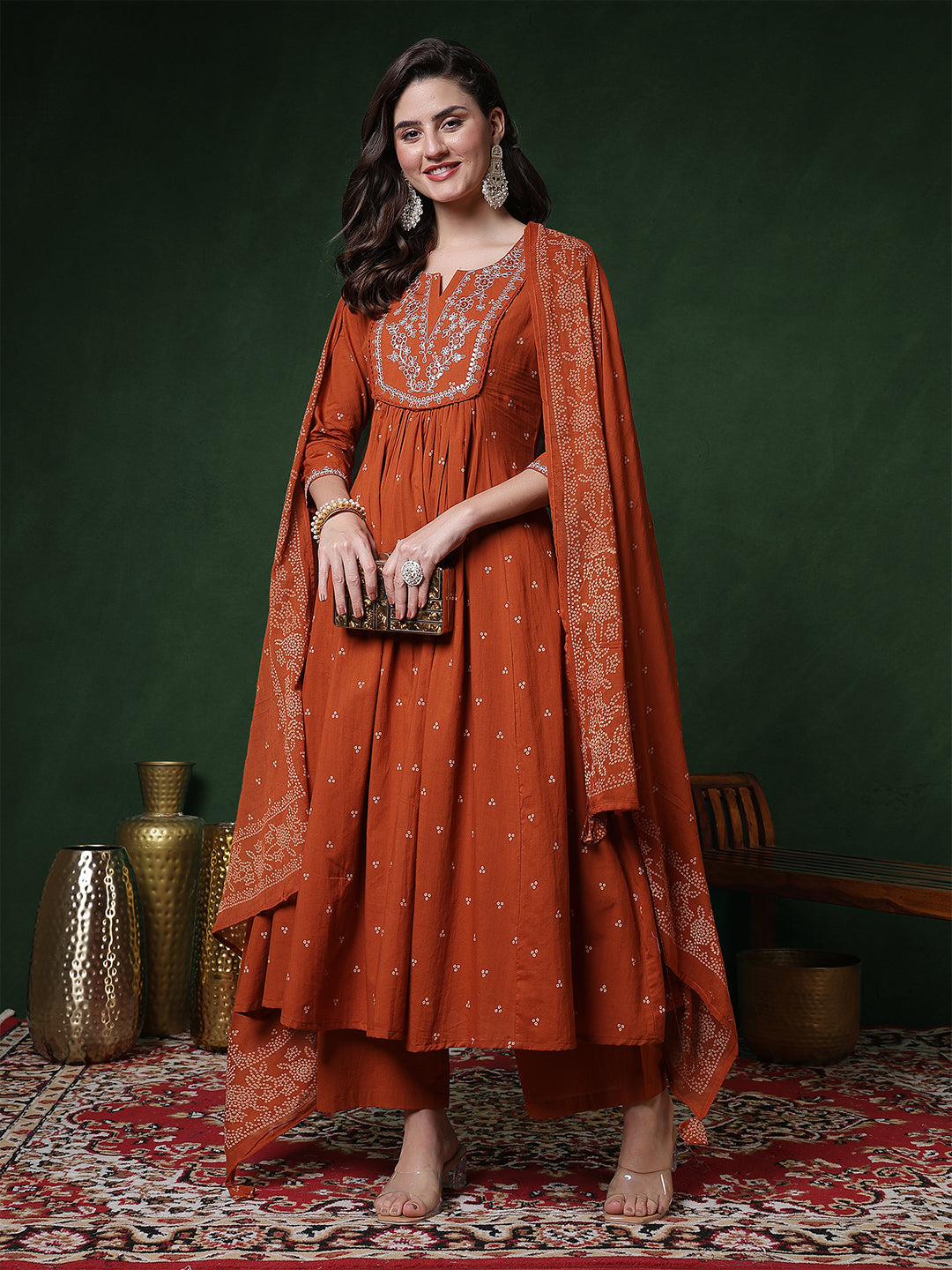Cotton Calf Length Printed 3/4 Sleeves Round Neck Semi-Flared Kurta Suit Set